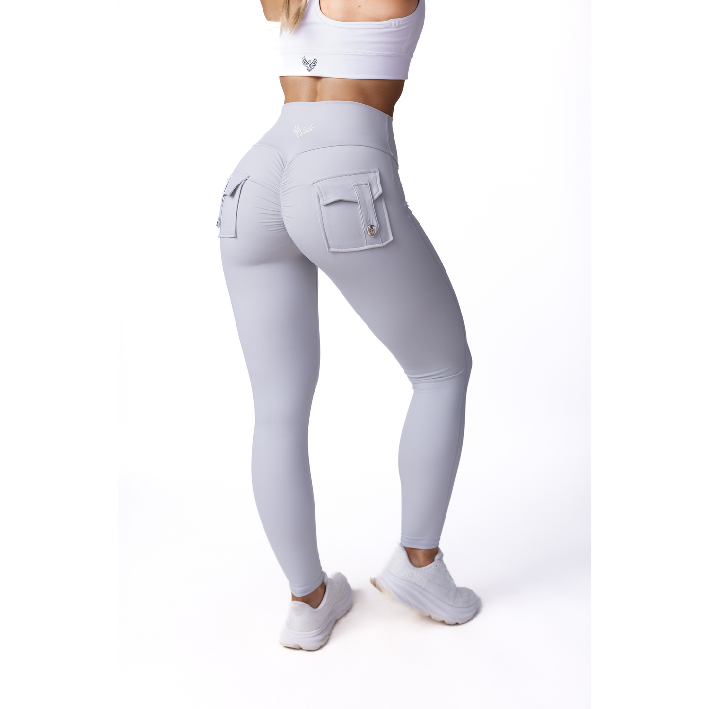 Phoenix Arise Light Grey High Waist Cargo Scrunch Pocket Leggings