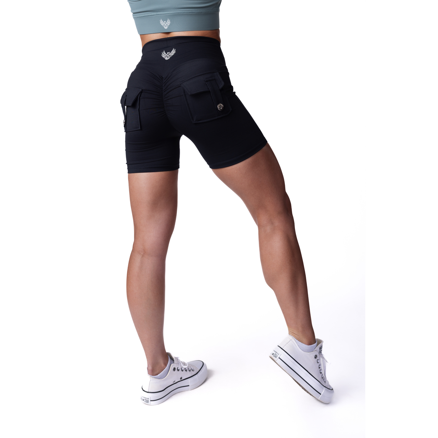 Phoenix Arise Black Cargo Scrunch Pocket Shorts