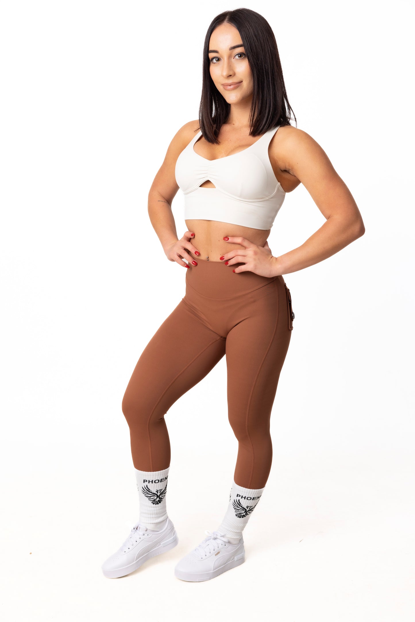 Phoenix Arise Cocoa High Waist Cargo Scrunch Pocket Leggings