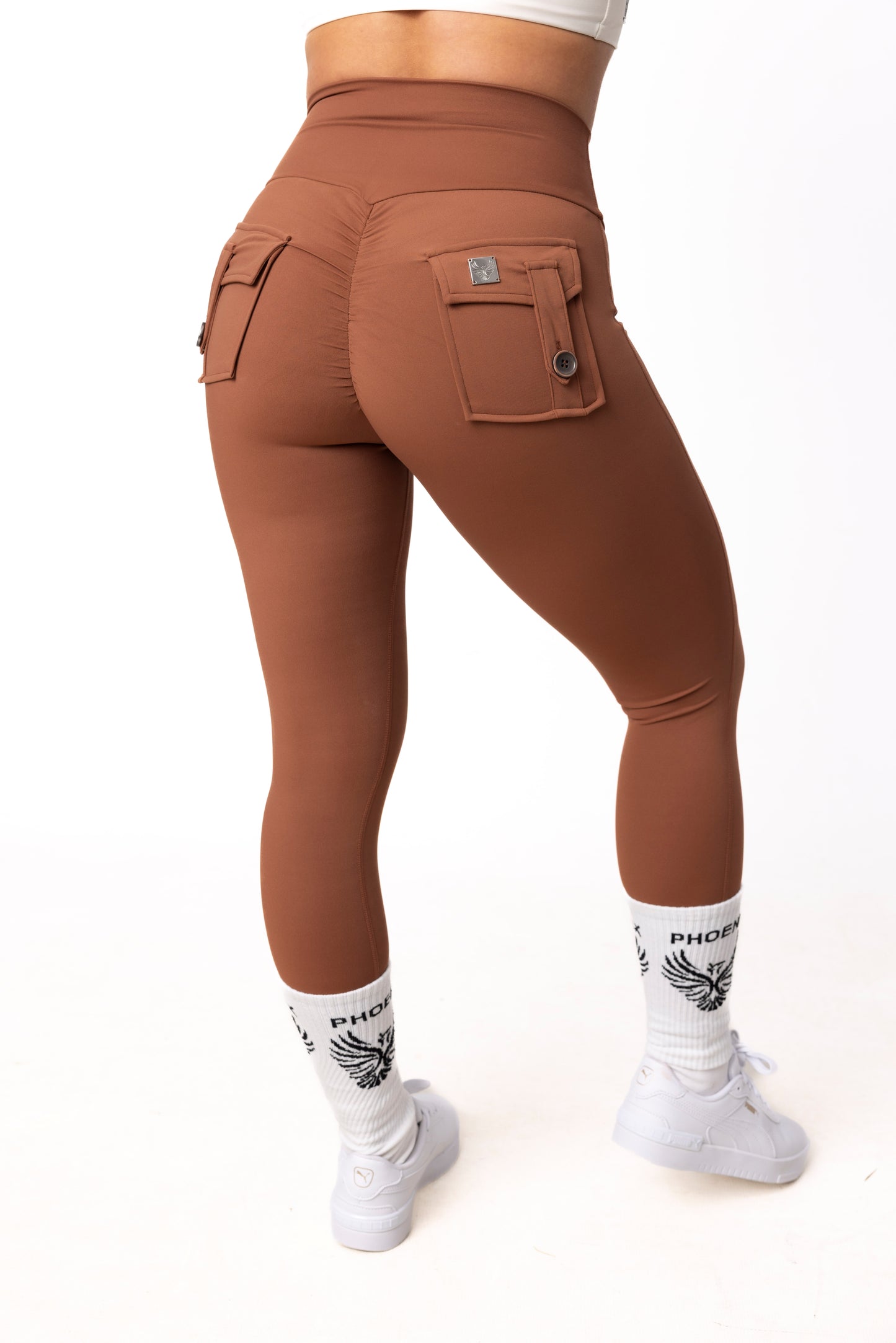 Phoenix Arise Cocoa High Waist Cargo Scrunch Pocket Leggings