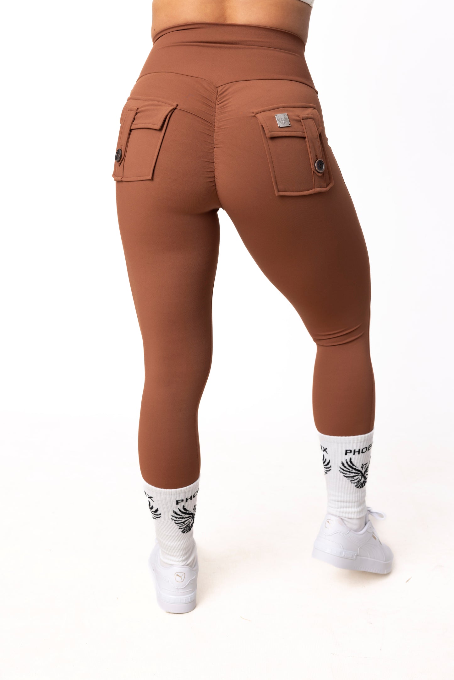 Phoenix Arise Cocoa High Waist Cargo Scrunch Pocket Leggings