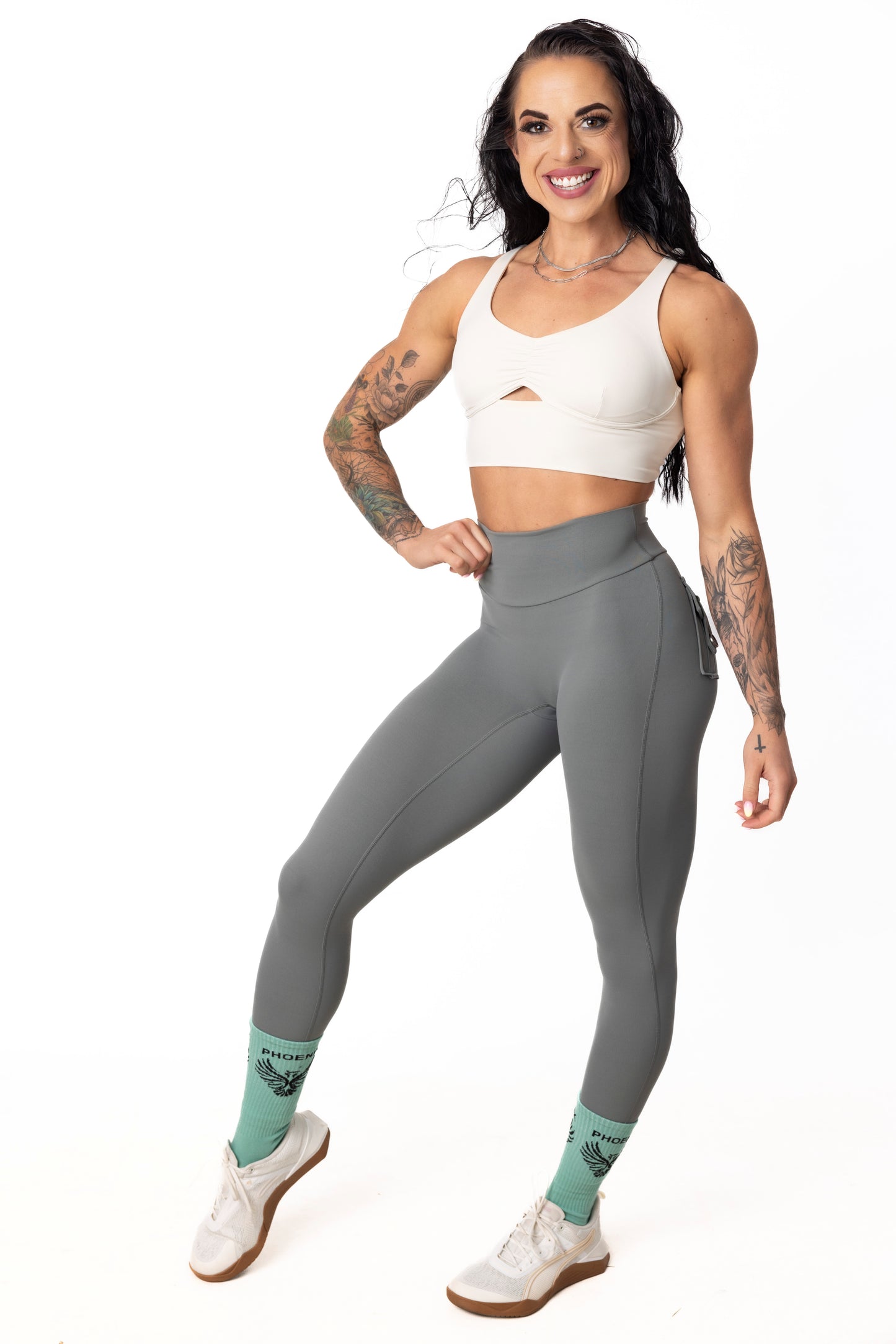 Phoenix Arise Ash Gray High Waist Cargo Scrunch Pocket Leggings