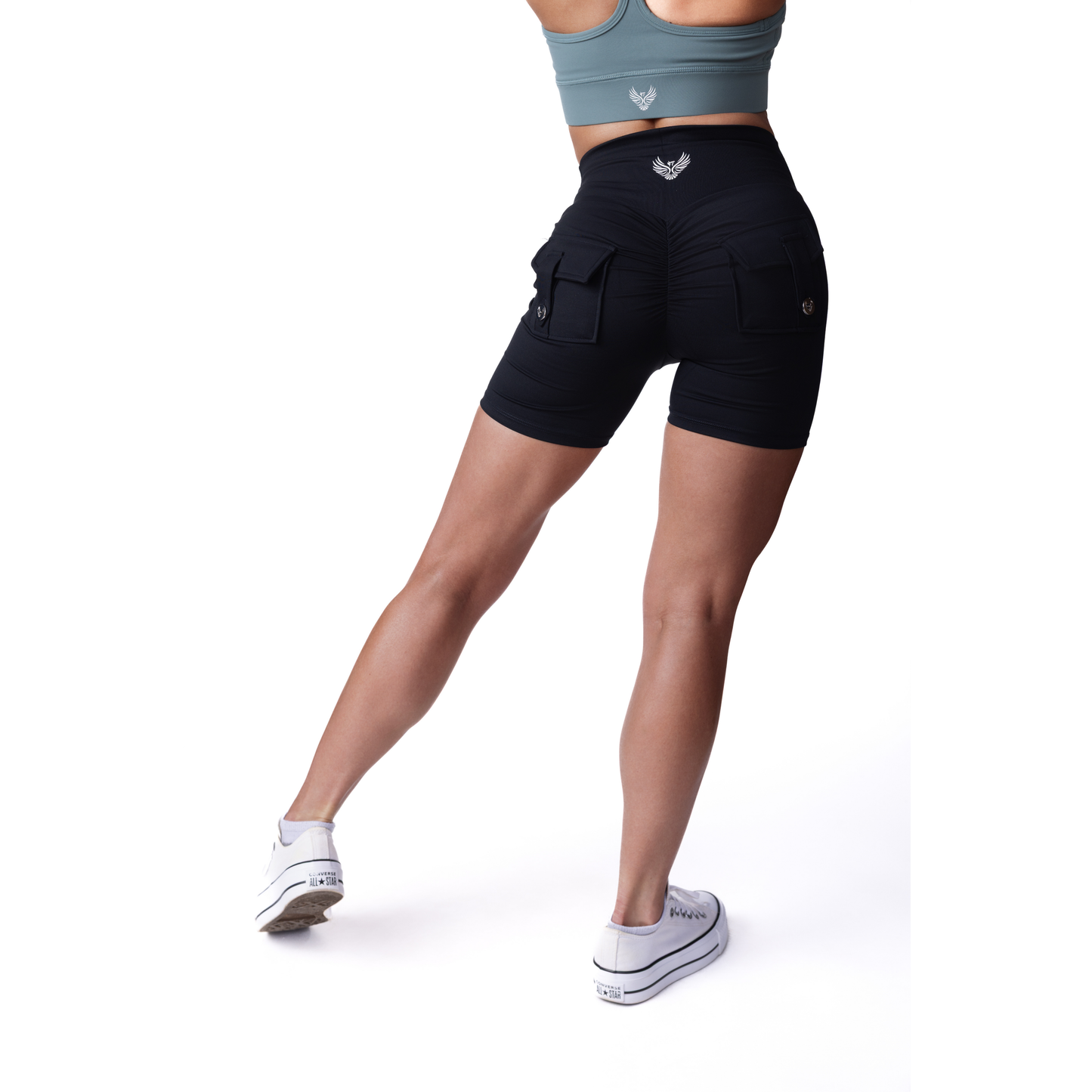 Phoenix Arise Black Cargo Scrunch Pocket Shorts