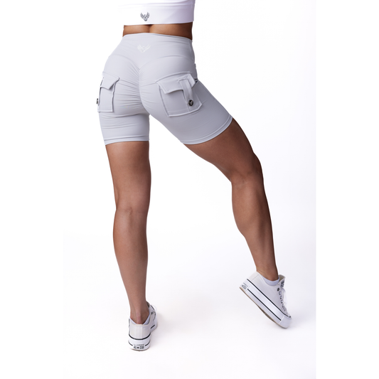Phoenix Arise Light Grey Cargo Scrunch Pocket Shorts