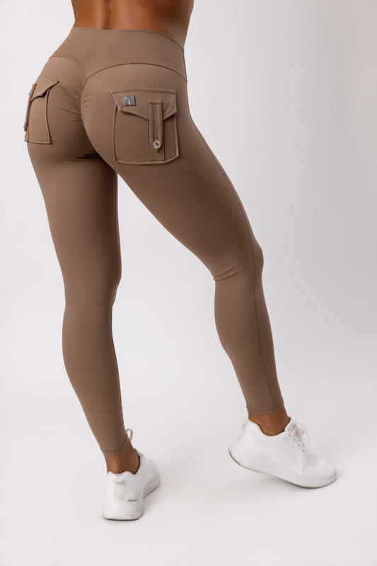 Phoenix Arise Café Latte Mid Waist Cargo Scrunch Pocket Leggings