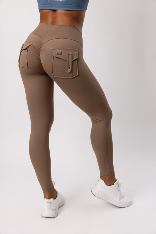 Phoenix Arise Café Latte Mid Waist Cargo Scrunch Pocket Leggings