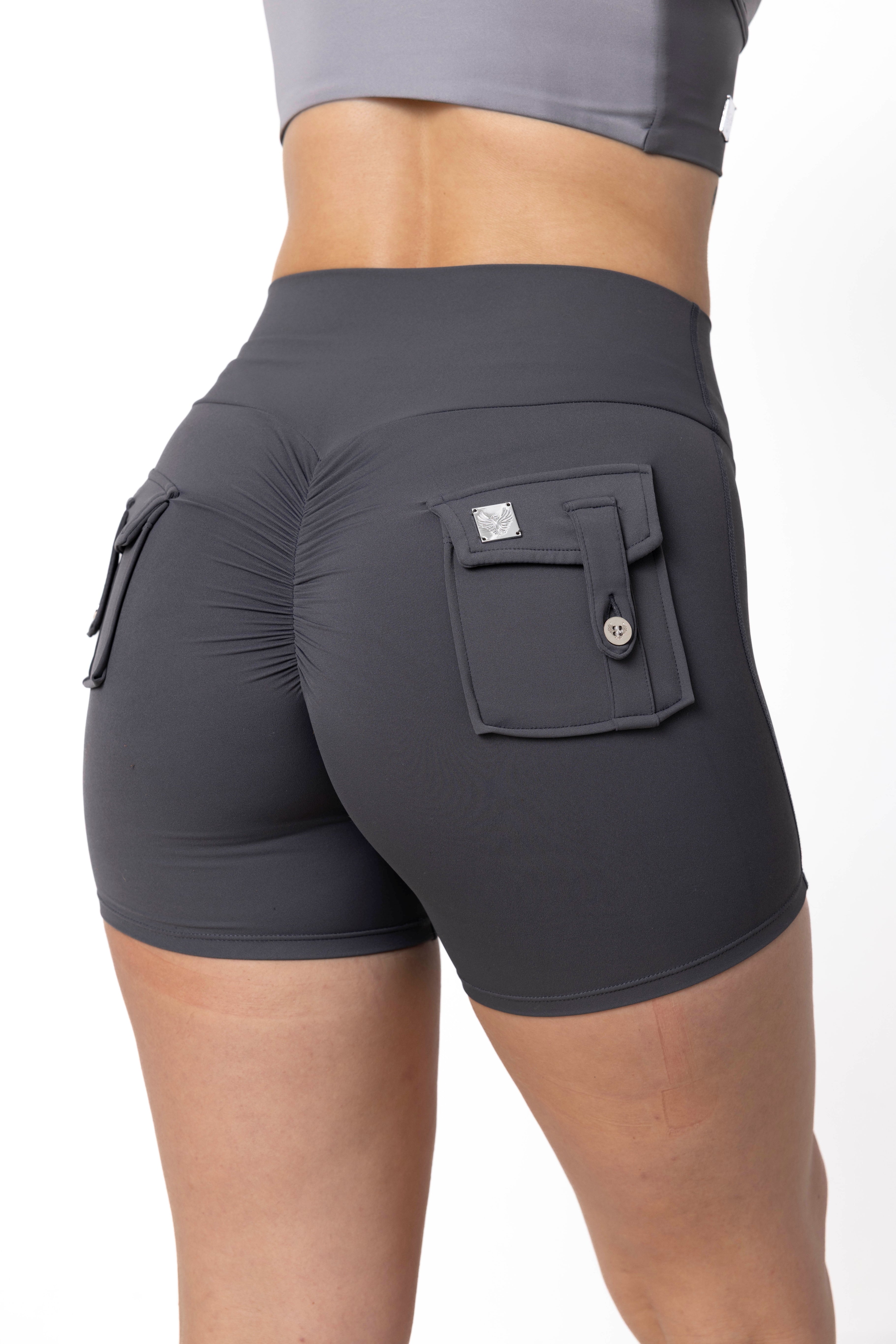 Phoenix Arise Charcoal Cargo Scrunch Pocket Shorts